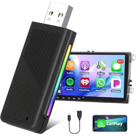 Podofo Wireless Carplay Adapter für Phone, Convert Cars Factory Wired Carplay zu Wireless CarPlay Dongle Plug & Play Auto Connect Fast Bluetooth 5.0 WiFi 7 Color Backlight+ USB C