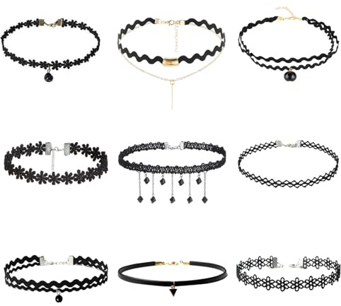 SYEYCW 9 Stück Choker Halskette Set, Halsketten Samt Gothic Tattoo Spitze Choker Halsband Damen Choker Schwarz, Spitze-Choker-Halskette, Hohle Florale Halskette, Kettenschmuck für Frauen und Mädchen