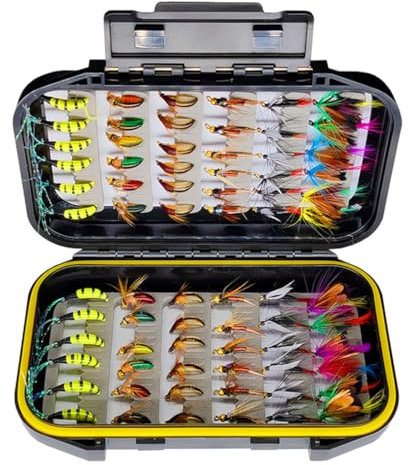 Qitewwrme Fliegenfischen Fliegen Kit, 72 Pcs, 6 Gemischte Stile, Trockene/Nasse Fliegen, Streamer, Forellenangeln mit Box