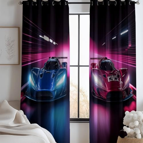 Vorhänge Blickdicht H 140 x B 90 cm (2er Pack) dekor für Kinde Junge und Mädchen Zimmer Schlafzimmer Wohnzimmer, Ösen Vorhang Moderner Stil Luxus Sport Auto, Dunkel Lärmschutz Verdunkelungsvorhänge