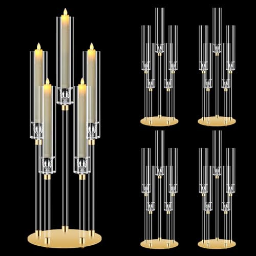 4X MSDADA Kerzenleuchter Set 68 cm Höhe, 5-armige Kandelaber aus Metall und hohlem Acryl, Großes Mittelstück für Wohnzimmer, Hochzeitsdeko, Weihnachtsfest, Halloween Party, Für LED Stabkerzen 2 cm