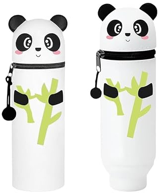 Umbrean Süßes Panda Federmäppchen, 2-in-1 Silikon Stifthalter, Stehend, Weiß mit Bambuszweig Design (Bambus Panda)