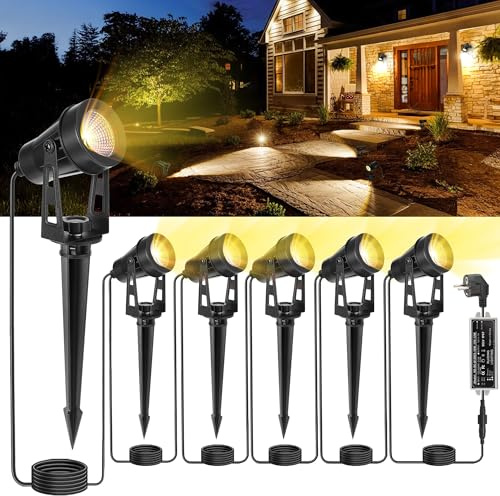 HUAEU Gartenbeleuchtung mit Strom, 6er-Set Gartenstrahler, 21m, IP65, 3000K | Fest verkabelte Gartenleuchten mit Strom: 4 Bodenstrahler außen, IP65 wasserdicht, 270°; für Bäume, Wege, Beete & Terrasse