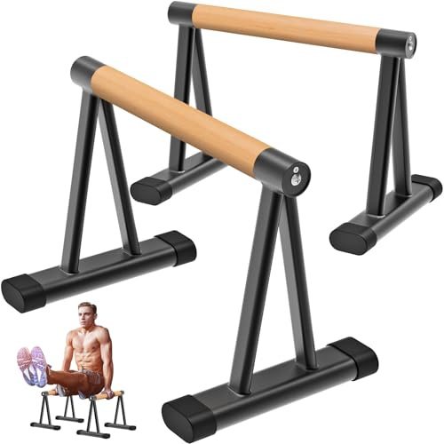 Dolibest Soporte de flexiones, paraletas de calistenia, 2 barras de presión de fitness de 31 cm, tamaño mediano, para gimnasio en casa, barra de paralle con mango de madera, equipo de ejercicio para