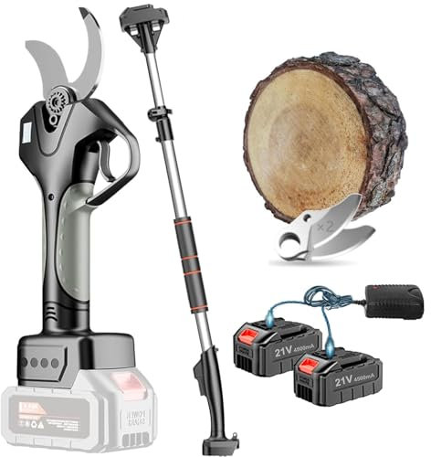 moupeaktain Sécateur électrique sans Fil De 50mm avec 2 Batteries De 4,5 Ah, Perche De 2,1 M, Affichage Numérique, Ciseaux à Branches Longue Portée pour Le Jardinage