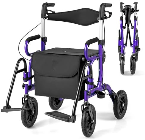 COSTWAY 2 in 1 Folding Rollator, Wheeled Walking Frame Transfer Wheelchair with Seat, Adjustable Handle and Storage Bag, 4 Wheel Medical Walker for Elderly Handicapped (Purple)