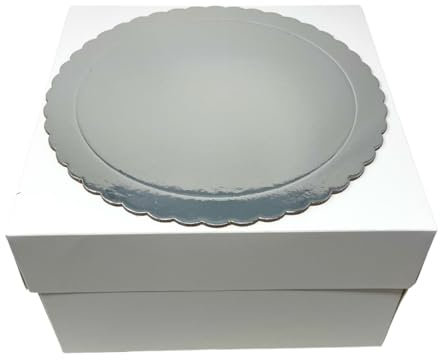 Decoración Dulce – Pack de 5 Bases para Tartas Extrafuertes de 20 cm + 5 Cajas para Tartas de 20.3x 20.3x 15 cm | Soporte Repostería Profesional | Transporte Seguro y Elegante (Plata)
