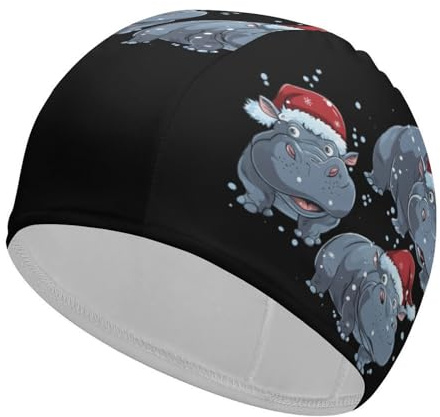 Cuffia da nuoto unisex con simpatici ippopotami natalizi e cappelli da Babbo Natale, per capelli corti e lunghi, per piscina, nuoto e bagno, per donne e uomini