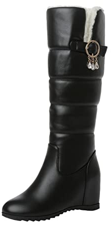 Women's Snow Boots Fashion Leather Belt Buckle Wedge Heel Thick Sole Long Boots for Ladies Winter Comfort (Black, 4.5)