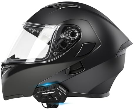 Motorcycle Bluetooth Modular Helmet, DOT FMVSS-218 Approved Flip Up Full Face Motorcycle Dual Visor Helmet, with Dual Speakers and Microphone, for Adults Men and Women (Matte Black, XXL)