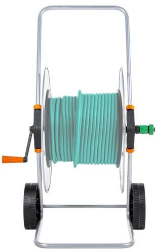 Tidyard Carrello Avvolgitubo per Tubo Flessibile, Maniglia Traino Ruote Integrate Struttura Acciaio zincato Collegamento Tubo angolato, Diametro Tamburo 50 cm Larghezza Tamburo 28,5 cm, per Giardino