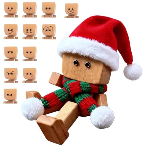 Vickande Träfigur – 3.15 Inches Instrumentbräda Ornament | Trä Polyester Jultomte – Rolig Dekorativ Leksak För Bil, Kontor Festlig, Charmig Presentidé Figur Mini Träman