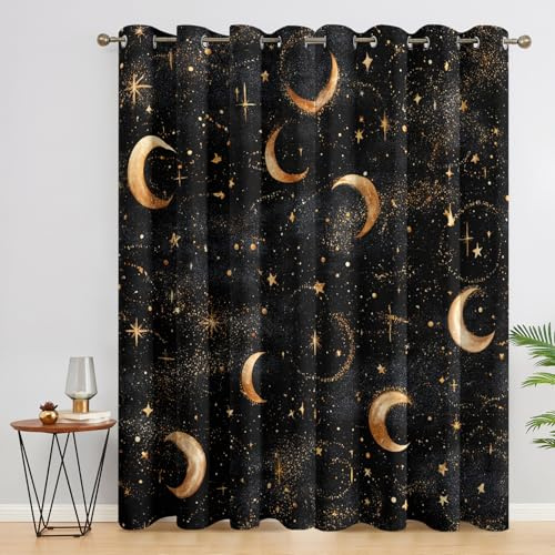 Generisch Mond und Sterne Vorhang Blickdicht 2er Set, H 137 x B 117, 95% Verdunklung, Celestial Witchy Vorhänge für Wohnzimmer Schlafzimmer Deko, Thermo Fenster Gardinen mit Ösen WSZ75