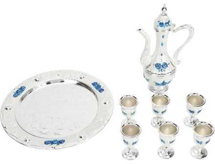 Ensemble de cafetière vintage, théière en métal avec 6 tasses, ensemble de cafetière en alliage de zinc de style cour européenne pour café turc et vin italien, service à thé de (Argent Blanc Bleu)