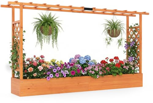 HOMASIS Fioriera da Esterno con 2 Grigliati e Tettuccio, Fioriera con Spalliera da Esterno in Legno, Vasi per Piante da Esterno per Piante Rampicanti da Balcone (Arancione, 220 x 35 x 114 cm)
