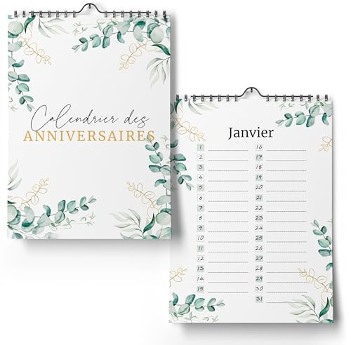 Calendario di compleanno indipendente (francese) – Calendario perpetuo senza data per inserire compleanni (Eucalipto, A4)