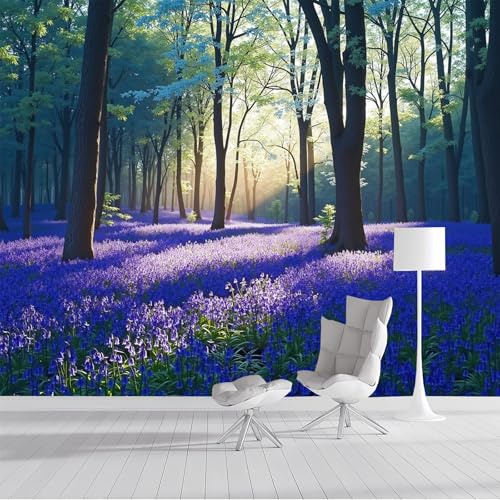 SMBHIAON Papier Peint Panoramique Scène De Forêt Naturelle,Papier Peint 3D Paysage De Jacinthes Des Bois Au Soleil Portant Intissé Wallpaper Chambre Bureau Déco Décoration Murale Violet