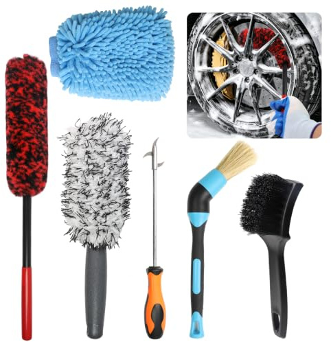 Car Wheel Brush Kit, 6 PCS Wheel Cleaning Brush Set – Soft & Non-Scratch | with Car Wash Mitt Soft Head Alloy Wheel Brush, Tyre Stone Removal Tool, Car Detailing Brushes for Wheel Care and Cleaning
