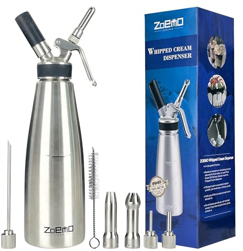 All Metal Steel Whipped Cream Dispenser 1 Quart - Professional Culinary Cream Whipper with Full Set Injector Tips Free Recipes Included