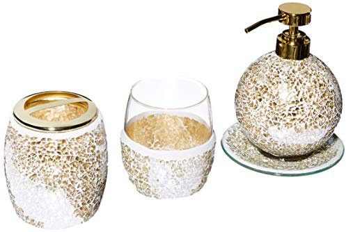 Madison Park Set di Accessori da Bagno a Mosaico, Set di 4 Accessori da Bagno con Dispenser di Sapone Dorato, portaspazzolino, Bicchiere e Vassoio per Anelli