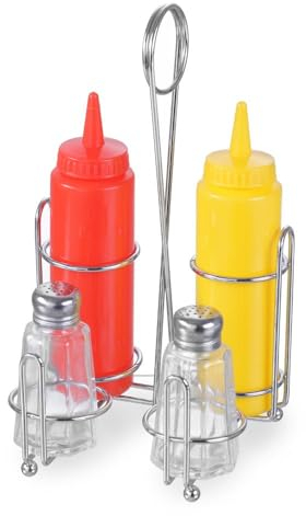 HENDI Menage Set, Zwei Glasstreuer (60 ml), 2 Quetschflaschen aus Polyethylen, Gewürzständer, Quetschflaschen: 0,35L, Edelstahl 18/0