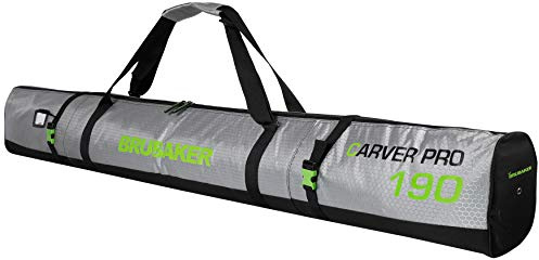 BRUBAKER Skitasche Carver Tec Pro Silber Grün - Gepolsterter Skisack für 1 Paar Ski und Stöcke - Reißfester Ski Bag 170 cm oder 190 cm