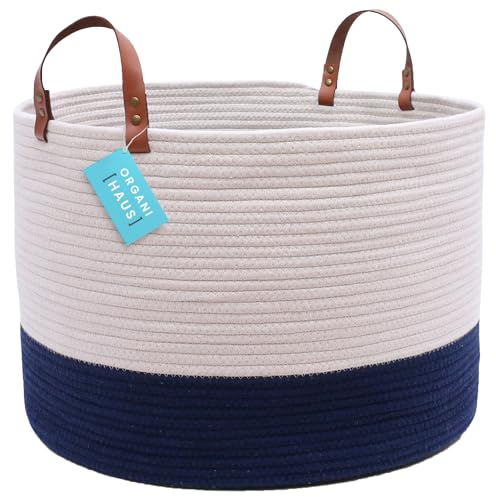 OrganiHaus Woven Round Cotton Rope Basket - Large Blue 50X33cm, Ideal for Storage, Toys, Blankets, Towels & Shoes, Living Room Laundry Basket