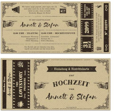 Kartenmachen.de 10 x Individuelle Hochzeitseinladungen Hochzeit EInladungskarten mit Abriss DIN Lang - Vintage Kinoticket