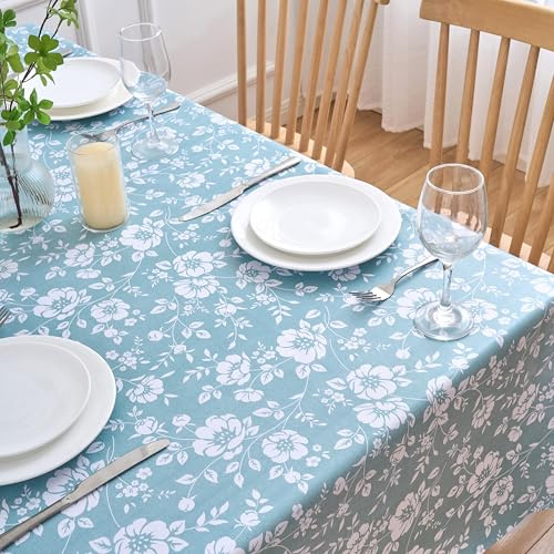 Dehaus® Wipe Clean Table Cloth - Duck Egg Floral Bloom - Wipeable PVC Oilcloth Table Cover - Plastic Vinyl Tablecloth - Water Resistant Easy Clean - Kitchen Dining Protector (Square 140 x 140cm)