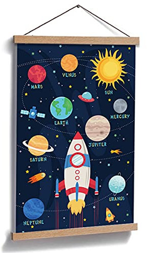 CHDITB Outer Space Art Print, Cartoon Planet Magnetic Natural Wood Hanger Frame Poster, Canvas Colorful Painting 28X45cm Wall Hanging for Kids Room Decor Space Bedroom Accessories