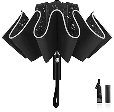 LAMA Fällbart paraply, inverterat paraply vindtätt starkt, automatisk öppning/stängning, anti-UV, kompakt, bärbart reseparaply med reflekterande ränder för regn sol