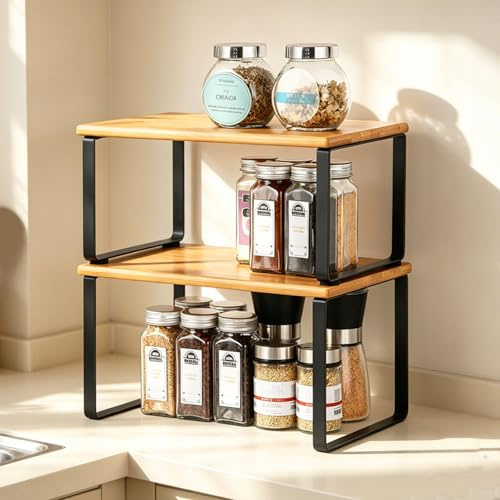 UOMIO Kitchen Cabinet Organiser Set of 2 Bamboo Kitchen Storage Shelves for Cupboard Countertop Spice Rack Expandable and Stackable with Black Metal Frame 2 Packs