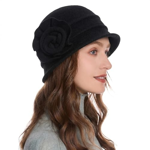 ZLYC 1920 Vintage Sombrero de Campana de Lana Sombreros de Bombín para Mujer(Patrón Floral Negro.)