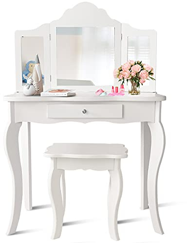 RELAX4LIFE Kinder Schminktisch Set mit Hocker & Abnehmbarer Spiegel, Prinzessin Frisierkommode mit Schublade, Frisiertisch aus Holz, Make-up Tisch für Mädchen 3-7 Jahre, 70 x 34 x 104 cm (Weiß)