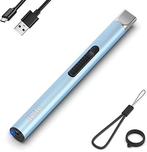 Electric Candle Lighter - Rechargeable USB Arc Windproof Flameless Plasma Lighter with Long Stick, Rope and Ring - No Butane Fluid - Perfect for BBQ, Camping, Kitchen Stove - Blue
