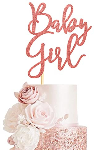 Arthsdite Baby Girl Cake Topper for Baby Shower or Newborn Cake Picks, Gender Reveal Party Decorations- Rose Gold Glitter