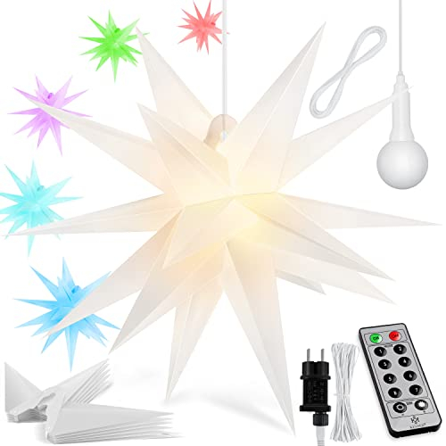 KESSER® 60cm Leuchtstern 3D, LED Weihnachtsstern mit Fernbedienung Farbwechselmodus Timer für innen und außen, Adventsstern Beleuchtet hängend Bunt Stern + Warmweiß Licht