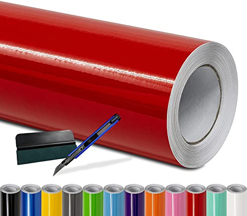 Folindo Autofolie Rot Glanz (15€/m²) - 100 x 152 cm - Selbstklebende Auto Lackschutzfolie mit Luftkanal Technik – Blasenfreie Auto Folierung inkl. Rakel & Cutter – Car Wrapping Folie