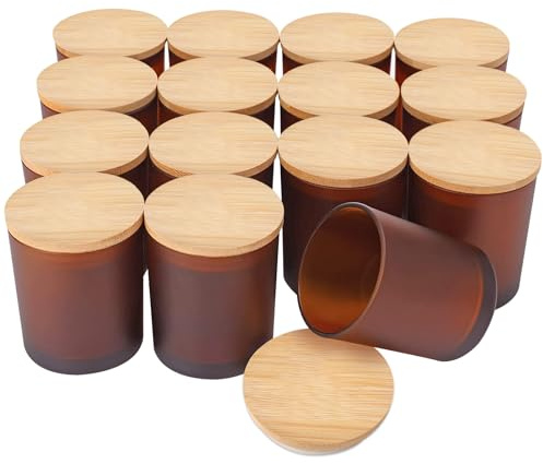 SUPMIND 15 Pack Glass Jars - 7oz Frosted Amber With Bamboo Lids and Sticky Labels, Matte Brown for Candle Making - Dishwasher Safe Containers