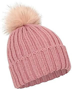 Mountain Warehouse Geneva Fur Lined Womens Fluff Beanie - Lightweight, Compact, Easy to Pack, Soft Fleece Lining & Fluffy Pom Pom - Ideal for Pale Pink (Fur Lined) One Size