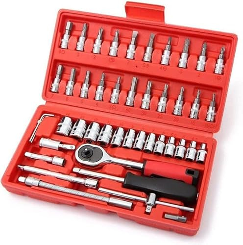 1/4 Zoll Steckschlüssel Set, 46 Stück Laufwerksbuchse und Schraubendreher Bit Set mit Ratschenschlüssel für Autos Fahrrad Reparaturwerkzeug(One Size - 46Pcs)