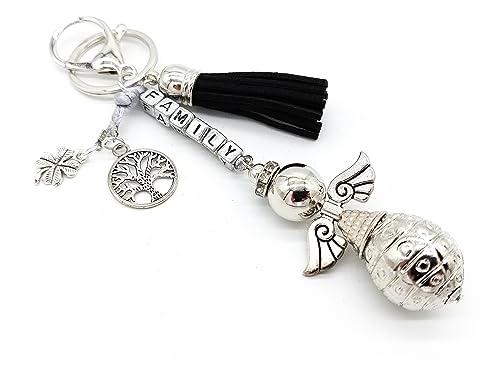 AB Viking Crafts Schutzengel Anhänger für Rucksack, Tasche, Auto, Schlüssel mit Lebensbaum, Kleeblatt und Gravur Family | Glück Liebe Kraft Familie