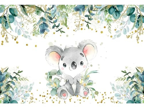 Ttincceer Mignon Koala Toile de Fond 150x100cm Sauge Vert Eucalyptus Feuilles Or étincelant Photographie Fond Nouveau-né Joyeux Anniversaire Fond fête d'anniversaire décoration bannière