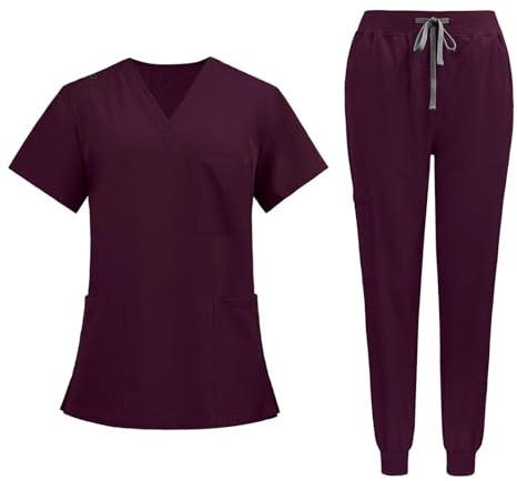 Amagogo Uniformen OP-Bekleidungsset Arbeitsanzüge, Krankenschwester-Oberteil und -Hose Damen-Pflegeuniform V-Ausschnitt Kurzarm-Arbeitskleidung für Pet Shop, Dunkelrot, m