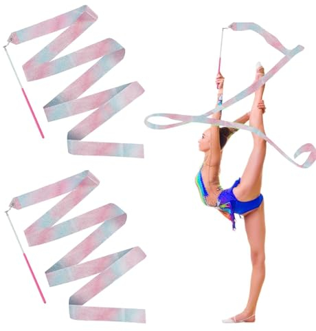 Tanzen Streamer - 2 Stück Gymnastikband mit Stab - Bänder für Gymnastik - Blinkendes Gymnastikband für Kinder - Weiches Seidenband für künstlerischen Tanz und Fitness - Tanzband - Länge 2 m