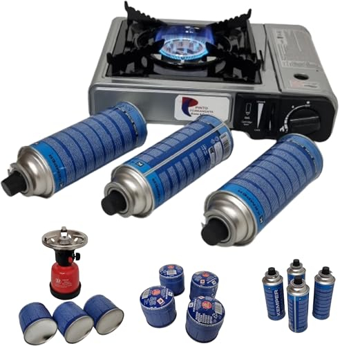 PINTO FERRAMENTA Fornello a Gas da Campeggio Portatile Bomboletta o Cartuccia Gas Bombola Ricarica Butano per Fornelli Cucina Campeggio Stufette Cannello a 1 Fuoco (FORNELLO, 3 LUNGHE)