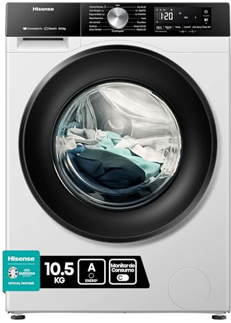 Hisense WF3S1043BW3 - Lavadora con Vapor, Clase A, 10.5 kg, Conectividad WiFi, Función Vapor 99,9%, Lavado Auto Wash, Lavado Rápido 15', PureJet, Blanco