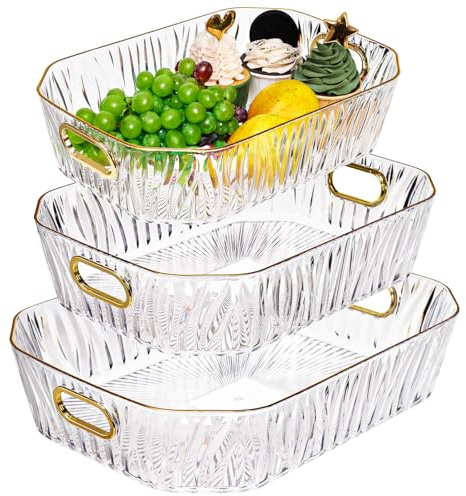 Acshio 3 Pack Clear Serving Tray, Deep Fruit Snack Platter with Handle Gold Rim, Decorative Makeup Organizer Glass Cup Holder for Pantry, Party Food Display, Bathroom