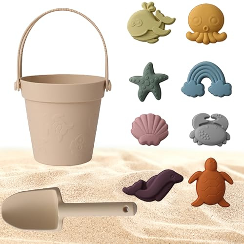 CHSEEO Jeux de Plage, Plage Bebe en Silicone, Jouet de Plage Enfant, 8 Pièces avec Seau Plage Pliant, Modèle Animal, pour Bac a Sable Intérieur Extérieur Jouets de Jardin