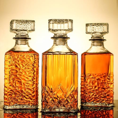 Lot de 3 carafes à décanter - Bouteille de vin avec couvercle - Motif diamant - Pour tequila, brandy, scotch et vodka, cadeau, bar et décoration de fête
